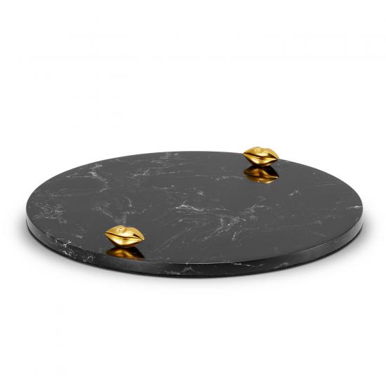 BLACK LIPS - okrągła taca / patera z czarnego marmuru ze złotymi uchwytami