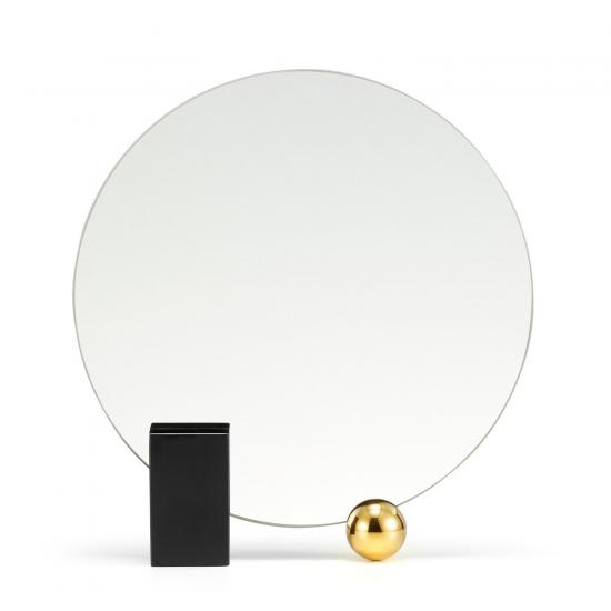 RING - okrągłe kosmetyczne lusterko na czarnej marmurowej podstawce ze złotą kulą