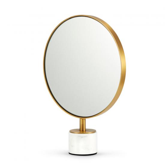 ROUND - złote okrągłe kosmetyczne lusterko na białej marmurowej podstawce